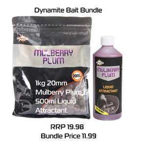 Dynamite Baits Mulberry & Plum Carp Fishing Boilies - 20mm 1kg Bag + Liquid Attractant Combo