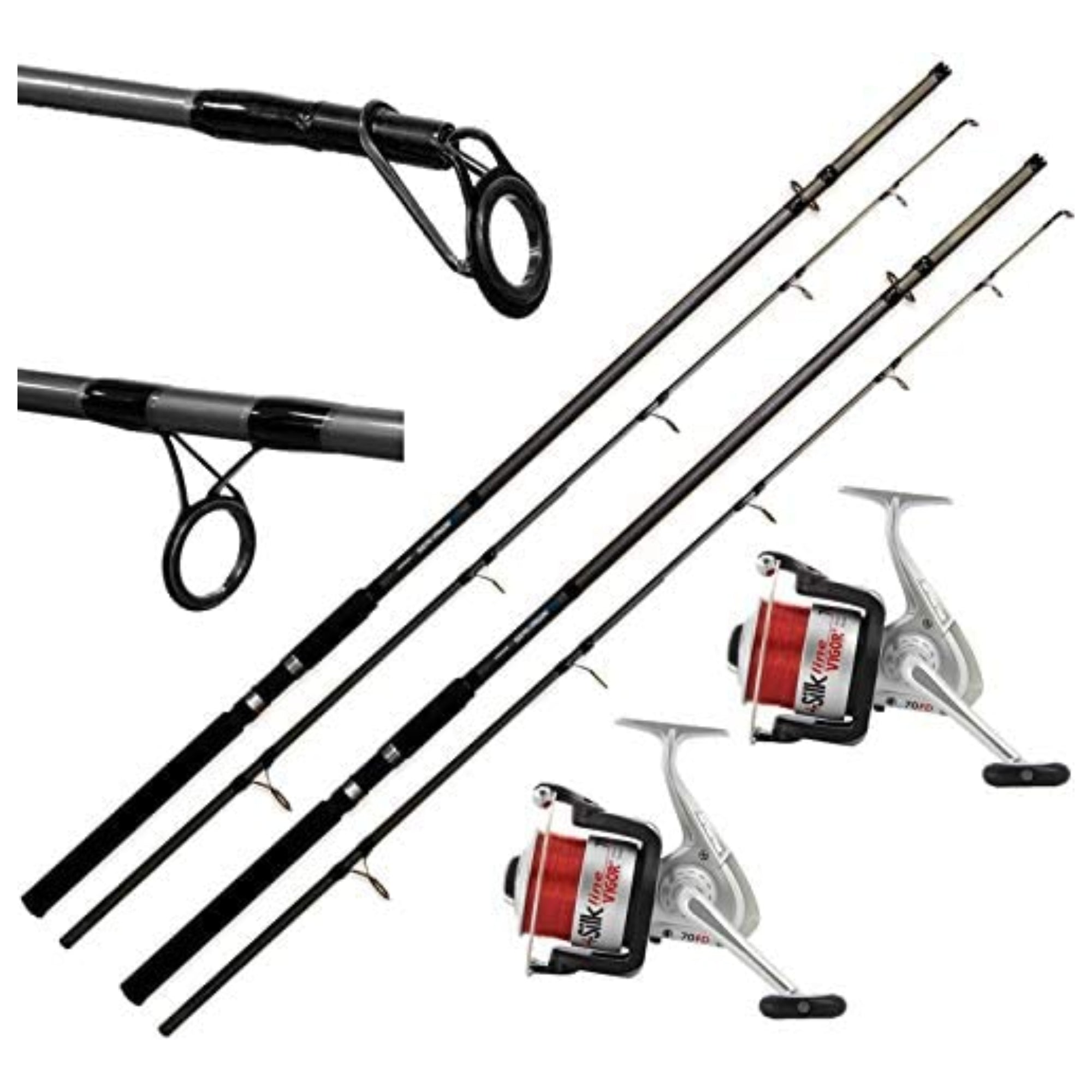 2 x 12ft Beach / Beachcaster Sea Fishing Rods + 2 Silk 70 Reels Beach Rod and Reel Combo